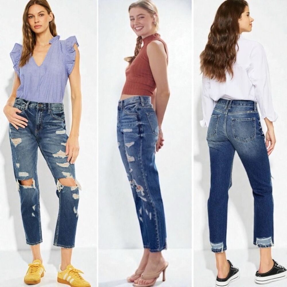 Kancan Ultra High Rise Dark Wash Cropped Distressed Mom Fit Jeans 15/31 NWT - Picture 4 of 16